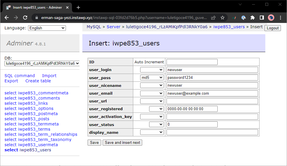 unlocking wordpress admin panel, changing email and status to 0